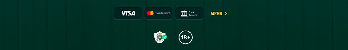 Footer section with Visa, Mastercard, and bank transfer payment icons, a “Mehr” link, a security badge, and an 18+ symbol on a dark green background.