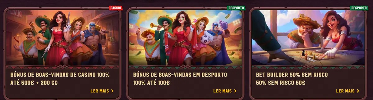 Promotional banner row for a Portuguese gaming site showing three offers: a casino welcome bonus of 100% up to €500 plus 200 free spins, a sports welcome bonus of 100% up to €100, and a bet builder promotion with a 50€ risk-free offer.