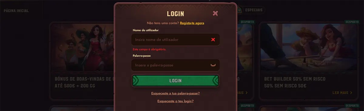 Portuguese online casino login popup with username and password fields, validation error text under the username field, a green login button, and links for forgotten password or login details over a darkened homepage background.